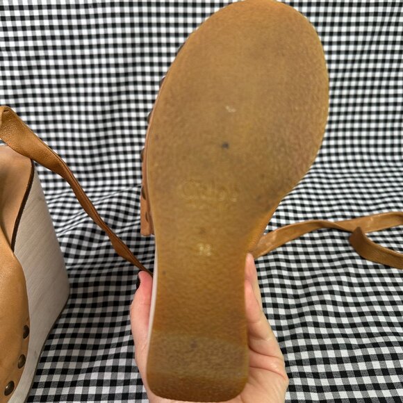 Chloe Studded Brown Leather Ankle Strap Wood Platform Clog Style Heel EU 38 - Picture 7 of 8